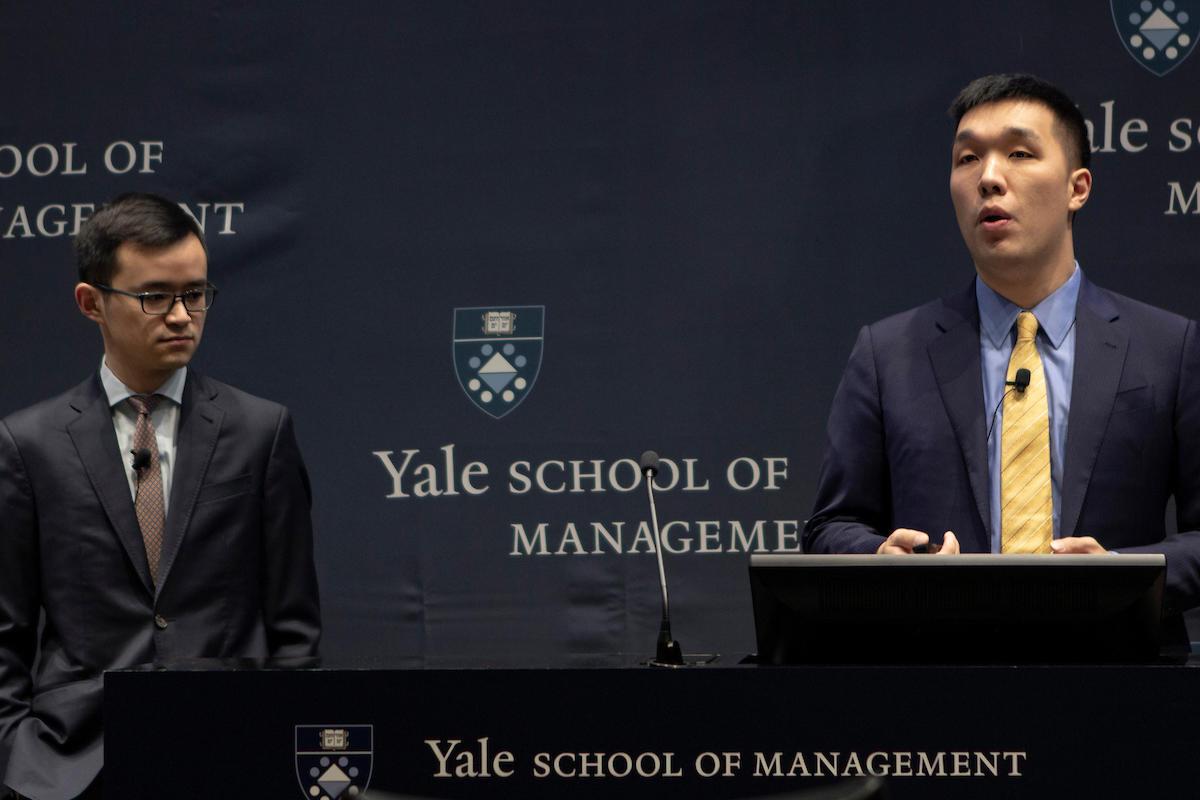 Yale SOM's Capital Y team pitching to the judges Yale SOM Team